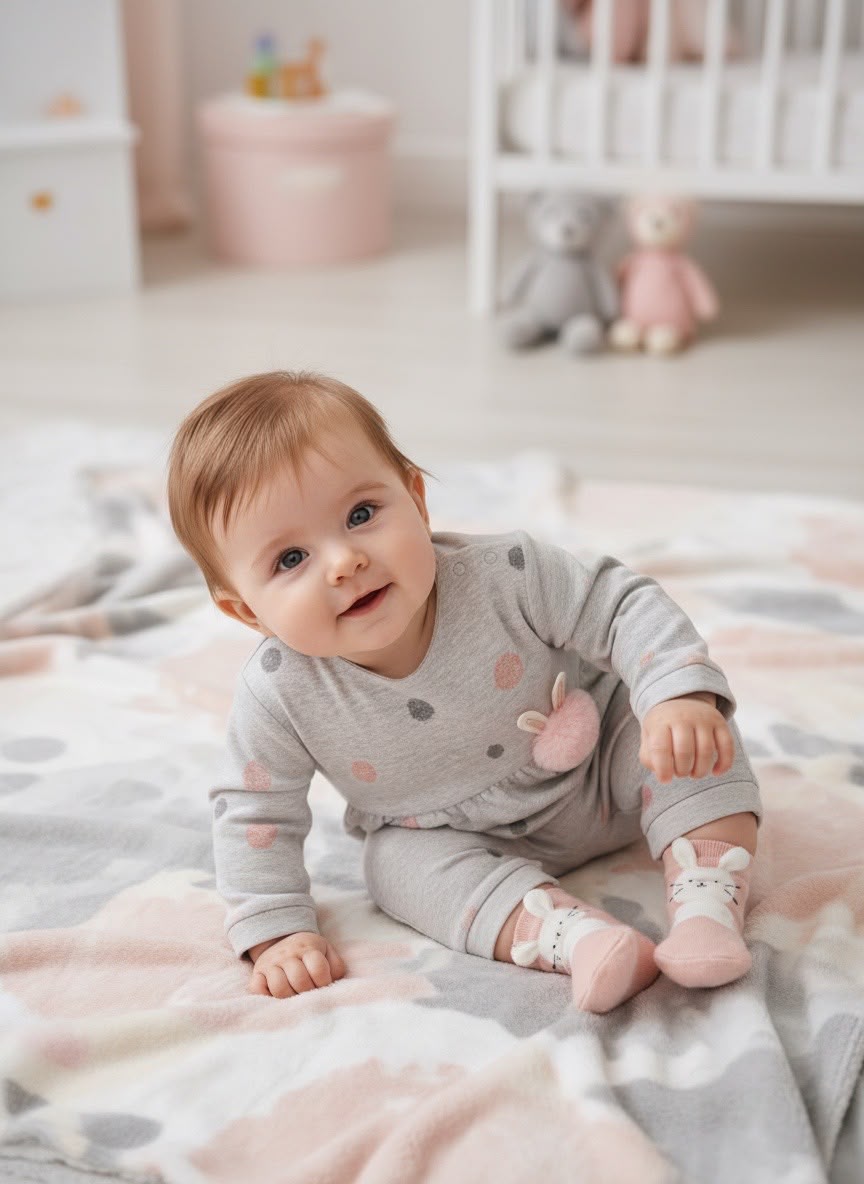 Tutina Neonata Grigia a Pois con Calzini a Coniglietta – Elegante e Dolce