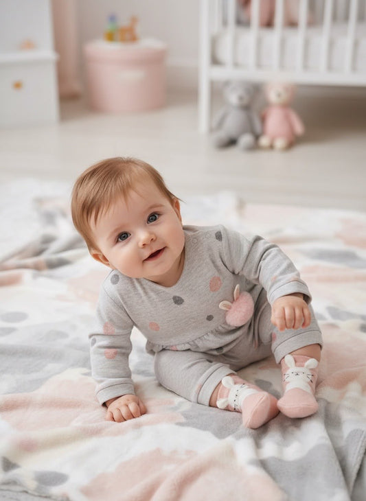 Tutina Neonata Grigia a Pois con Calzini a Coniglietta – Elegante e Dolce - OOPS by BabyBimbo 0-16
