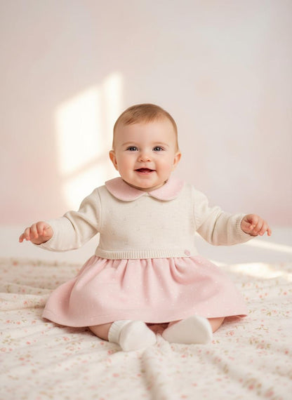 Vestito in Maglia Neonata Écru e Rosa con Colletto – Morbido e Invernale