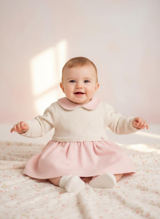 Vestito in Maglia Neonata Écru e Rosa con Colletto – Morbido e Invernale - OOPS by BabyBimbo 0-16