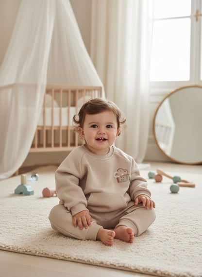 Tuta Neonato 2 Pezzi Beige Over con Felpa Girocollo e Pantaloni