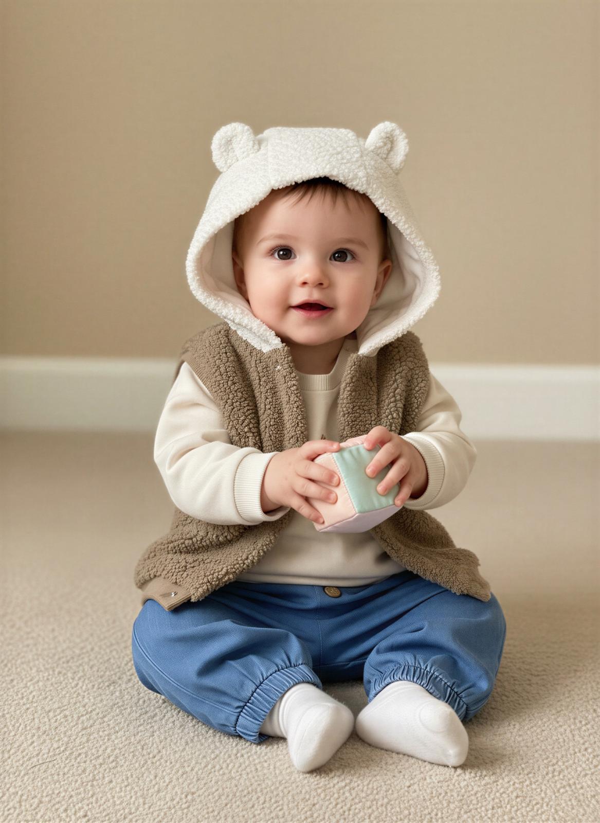 Completo Neonato 3 Pezzi con Gilet Teddy Orsetto e Jeans – Beige e Marrone