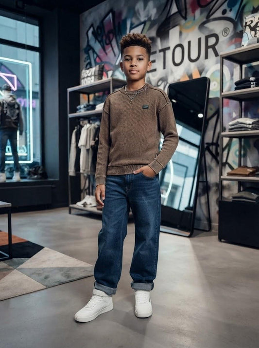 Jeans Ragazzo Retour Oversized Blu Scuro – Denim Stretch con Vita Regolabile