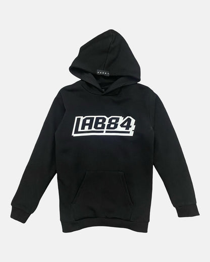 Felpa Ragazzo LAB84 Oversize Nera con Cappuccio e Logo Bianco - OOPS by BabyBimbo 0-16