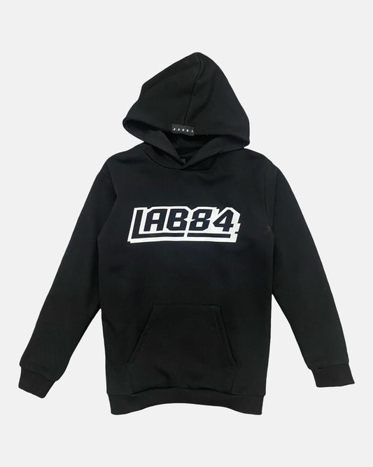 Felpa Ragazzo LAB84 Oversize Nera con Cappuccio e Logo Bianco - OOPS by BabyBimbo 0-16