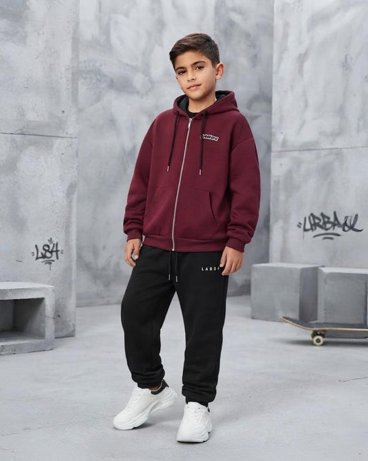 Felpa Ragazzo LAB84 Amaranto con Cappuccio, Zip e Tasche