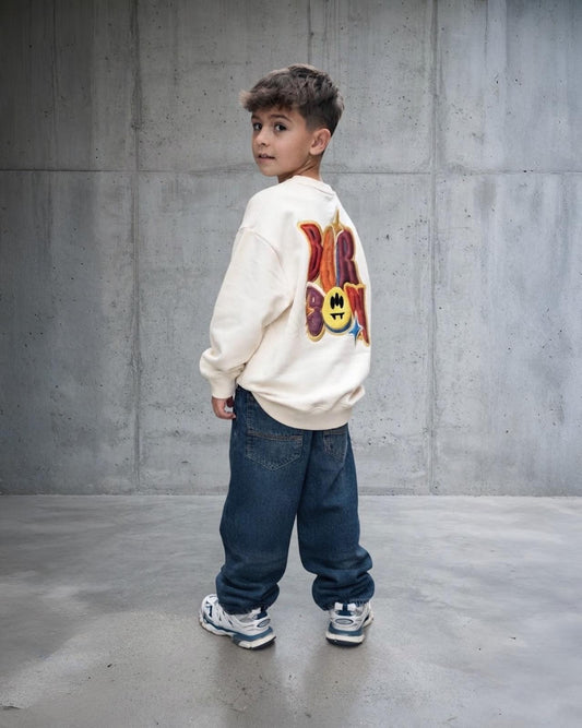 Felpa Ragazzo Barrow Ecru Oversize Girocollo con Stampa sul Retro