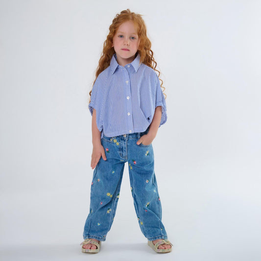 Jeans Larghi Bambina TOBETOO Denim Chiaro Ricamati con Fiori