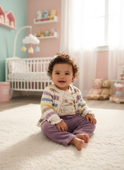 Completo 3 Pezzi Neonata con Cardigan Multicolore e Pantaloni in Velluto Viola