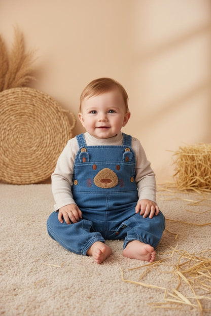 Completo denim neonato blu ricamato con orsetto