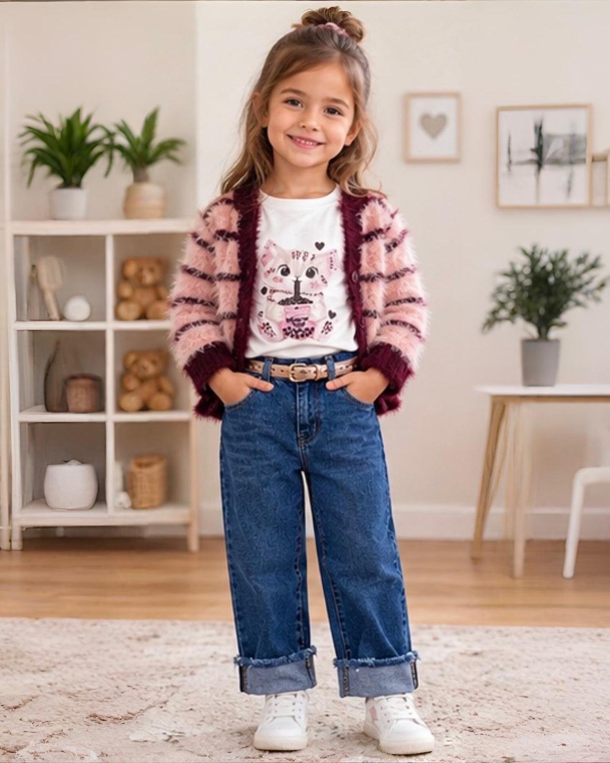 Cardigan Bambina Sarabanda Rosa a Righe Bordeaux con Bottoni e Collo a V - OOPS by BabyBimbo 0-16