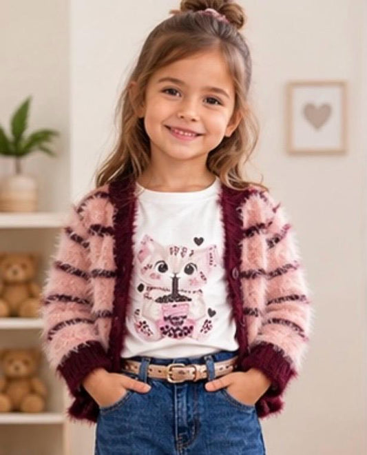 Cardigan Bambina Sarabanda Rosa a Righe Bordeaux con Bottoni e Collo a V