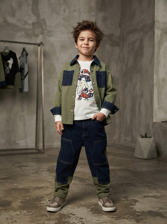 Jeans Bambino Sarabanda Two Tone Carrot Fit – Denim Scuro e Verde Militare - OOPS by BabyBimbo 0-16