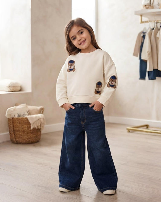Felpa Bambina Oversized Beige con Orso – Girocollo e Vestibilità Comoda - OOPS by BabyBimbo 0-16