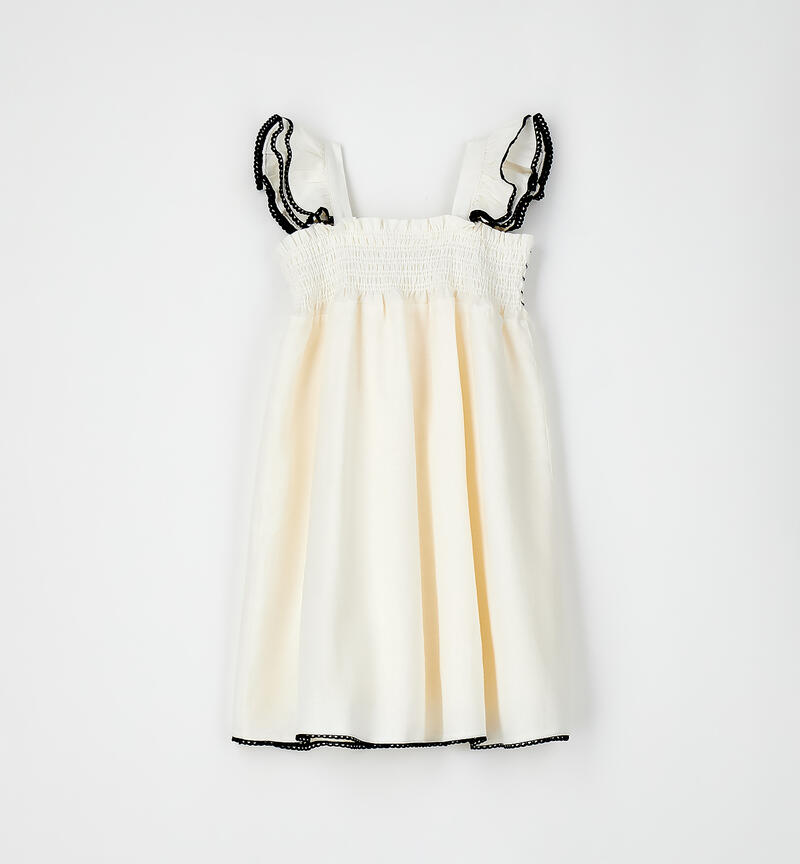 Abito Estivo Bambina Sarabanda Color Latte con Ricami Neri