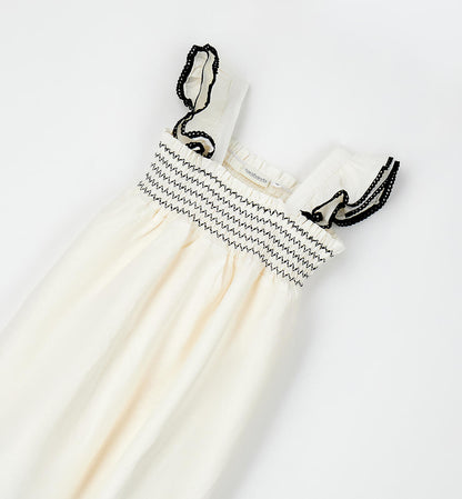 Abito Estivo Bambina Sarabanda Color Latte con Ricami Neri