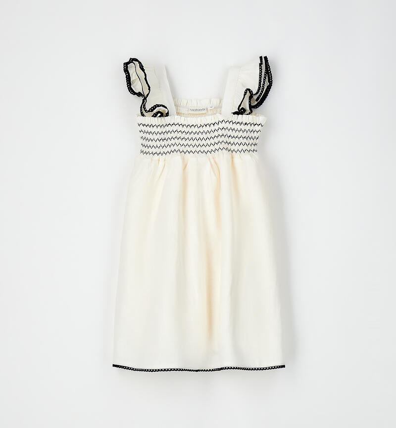Abito Estivo Bambina Sarabanda Color Latte con Ricami Neri