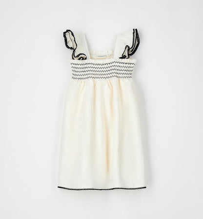 Abito Estivo Bambina Sarabanda Color Latte con Ricami Neri