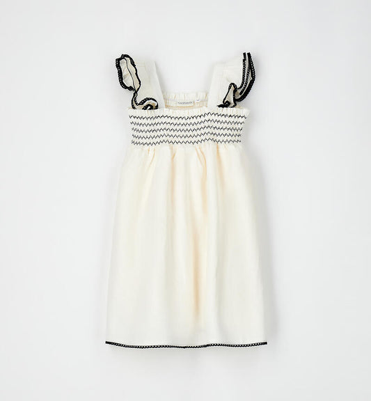 Abito Estivo Bambina Sarabanda Color Latte con Ricami Neri