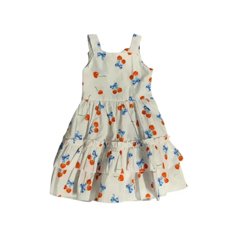 Abito estivo fiori bambina Y-Clù bianco con stampa ciliegie arancioni e fiocchi blu