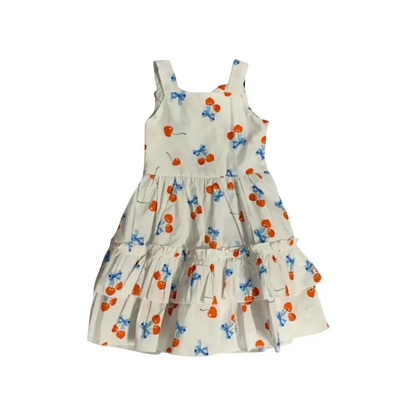Abito estivo fiori bambina Y-Clù bianco con stampa ciliegie arancioni e fiocchi blu
