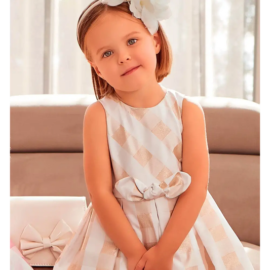 Sarabanda abito elegante bambina 2 anni vestito senza maniche a quadri rosa chiaro con fiocco vita e cerchietto fiore