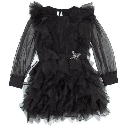 Y Clu abito nero ragazza elegante in tulle a strati con maniche trasparenti e spilla gioiello