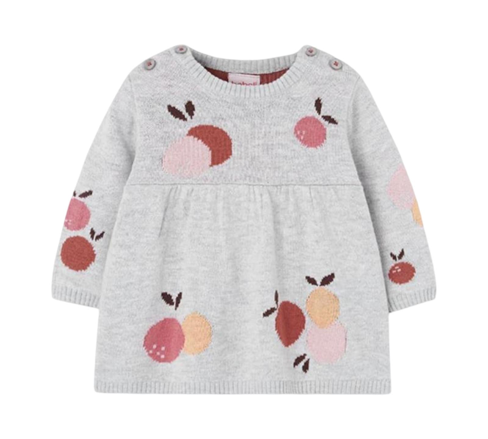 set maglia bebè grigio con frutta Boboli maglia in lana leggera a maniche lunghe con stampe frutta e bottoni spalla