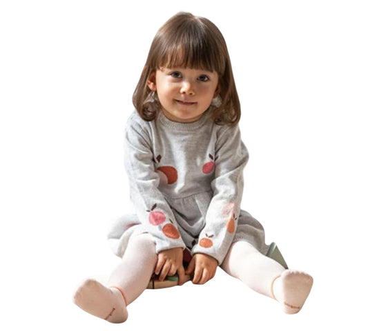 set maglia bebè grigio con frutta Boboli per bambina seduta completo in maglia morbida con stampa di frutti