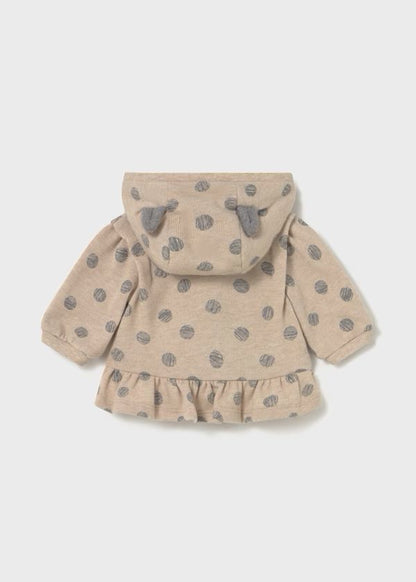 Completo 3 pezzi Neonata Volpe e Pois Morbido.. Giacca con cappuccio beige a pois e orecchie volpe con balze