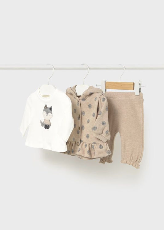 Completo 3 pezzi Neonata Volpe e Pois Morbido.. set neonato con maglia volpe cardigan a pois e pantaloni beige