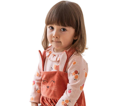 Boboli completo neonata con conigli salopette in velluto corallo con orecchie e maglia rosa stampata