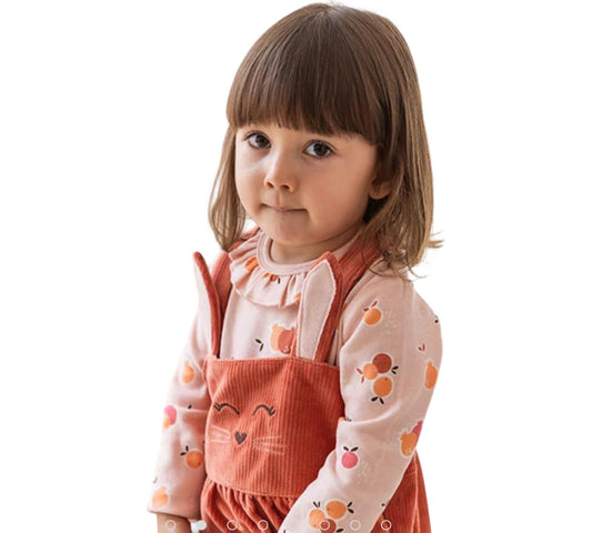 Boboli completo neonata con conigli salopette in velluto corallo con orecchie e maglia rosa stampata
