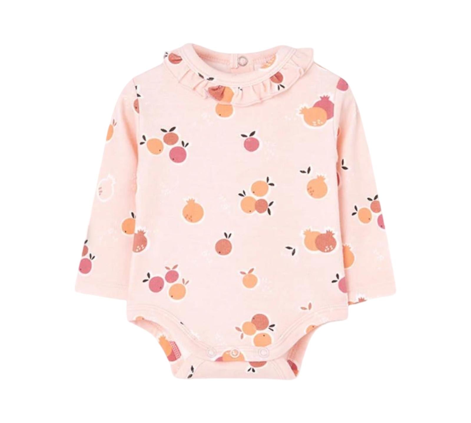 completo neonata con conigli Boboli body rosa maniche lunghe con volant al collo e stampa frutti senza conigli