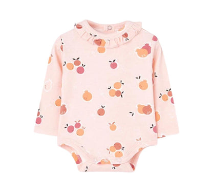 completo neonata con conigli Boboli body rosa maniche lunghe con volant al collo e stampa frutti senza conigli