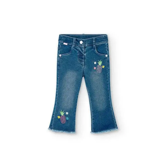 Boboli pantaloni denim blu con ricami ananas orlo sfrangiato e vita comoda jeans a zampa per bambina