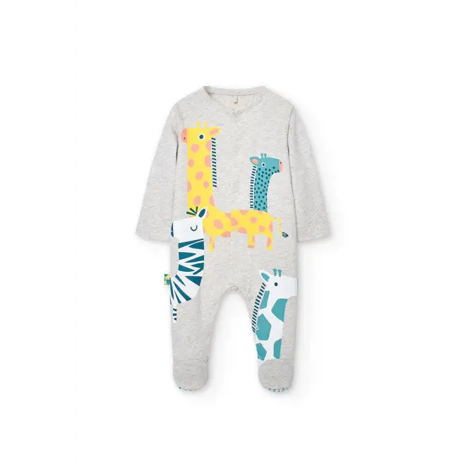 Boboli tutina neonato giraffa grigia in cotone con stampa di giraffe colorate maniche lunghe e piedini