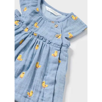 Mayoral vestito copri pannolino neonata azzurro con stampa paperelle gialle bottoni e volant