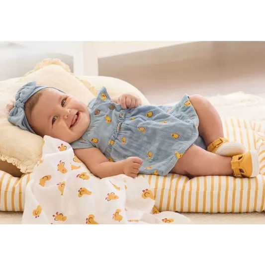 vestito copri pannolino neonata Mayoral azzurro con stampe paperelle gialle fascia e scarpine coordinati