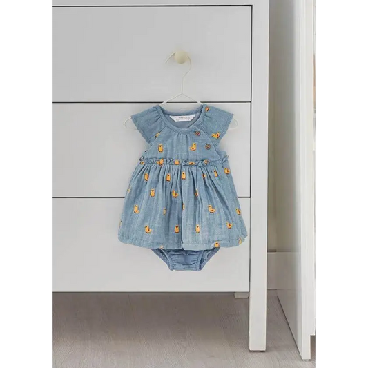 Mayoral vestito copri pannolino neonata in denim azzurro con ricami anatroccolo maniche corte e body integrato