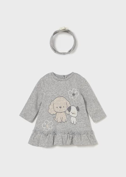 Vestito maglia grigio con cagnolini, fascia inclusa bambina Mayoral in cotone morbido maniche lunghe