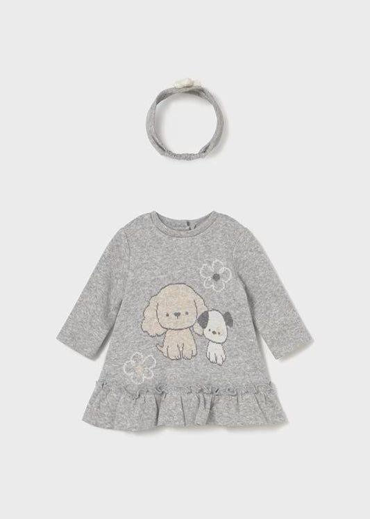 Vestito maglia grigio con cagnolini, fascia inclusa bambina Mayoral in cotone morbido maniche lunghe