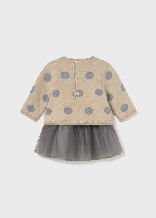 Mayoral vestito neonato con gonna in tulle beige con maglione a pois grigio e bottoni posteriori