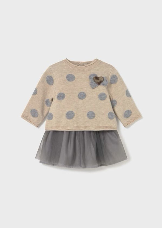 Mayoral vestito neonato con gonna in tulle grigio maglia beige a pois blu maniche lunghe e cuore decorativo
