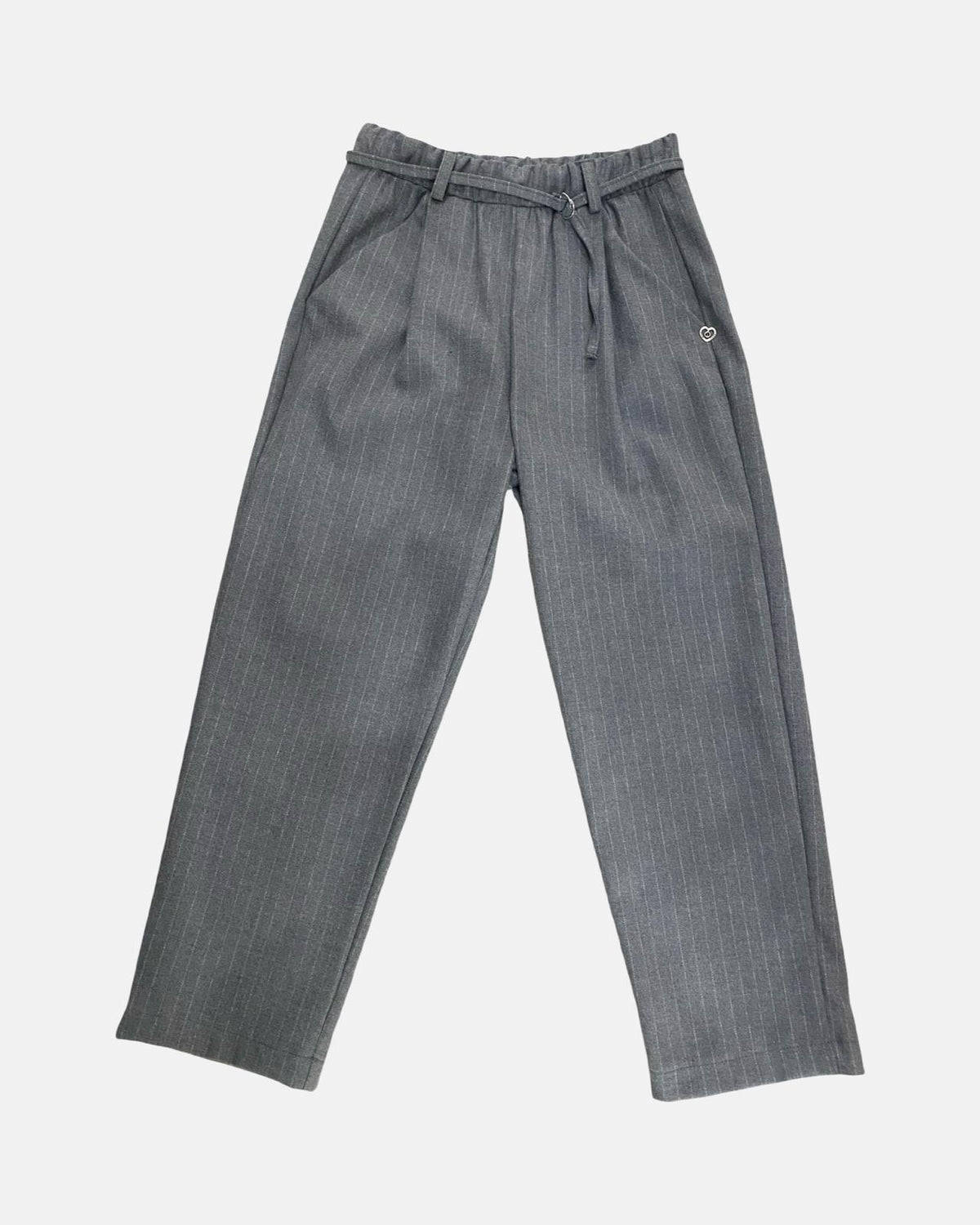 Pantalone grigio a righe per bambina con cintura regolabile e tasche laterali
