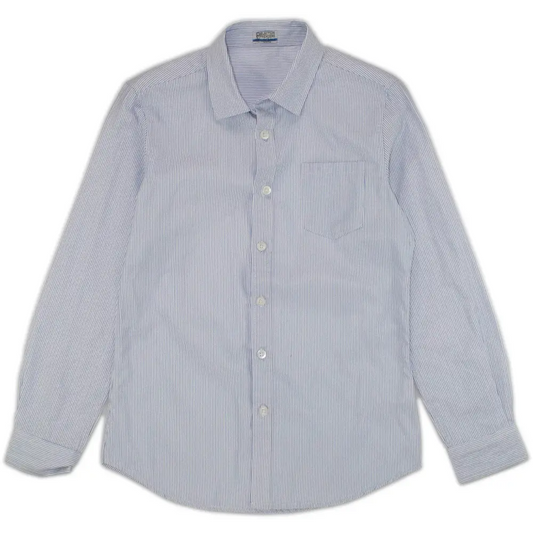 camicia rigata celeste bambino manica lunga con collo classico e taschino frontale in cotone leggero