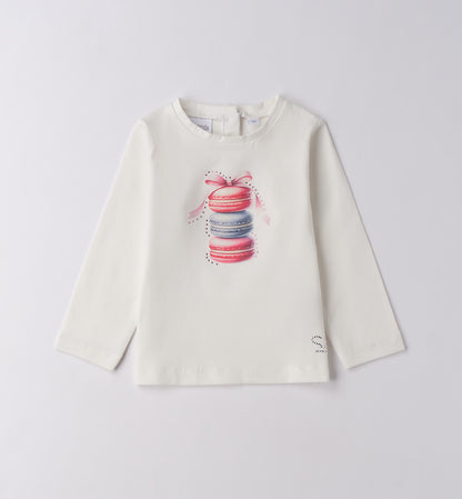 Sarabanda maglietta bambina bianca maniche lunghe con stampa macarons e fiocco centrale elegante