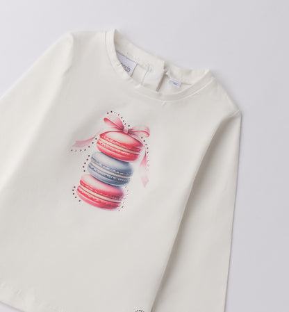 maglietta bambina bianca maniche lunghe Sarabanda con stampa macarons rosa e azzurro e fiocco decorativo