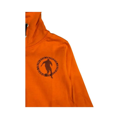 felpa Bikkembergs ragazzo con cappuccio arancione con logo nero circolare e silhouette di corridore sul petto