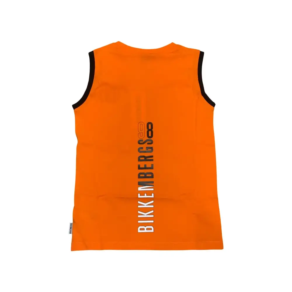 Maglietta arancione ragazzo Bikkembergs senza maniche con logo verticale sul retro